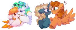 Size: 3800x1500 | Tagged: safe, artist:mirtash, derpibooru import, oc, oc:dawn daze, oc:gumdrop, oc:maple parapet, unofficial characters only, earth pony, pegasus, pony, unicorn, boop, chest fluff, flower, flower in hair, heart, heart eyes, horn, hug, image, male, noseboop, png, simple background, stallion, tongue out, white background, wingding eyes