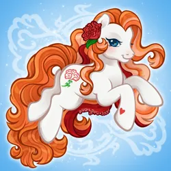 Size: 2400x2400 | Tagged: safe, artist:sparkytopia, derpibooru import, earth pony, pony, g3, birthflower ponies, blue eyes, female, flower, flower in hair, image, january carnation (g3), looking at you, mare, orange mane, png, signature, solo, white coat