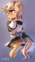 Size: 1200x2133 | Tagged: suggestive, artist:swaybat, derpibooru import, oc, oc:flash meteor, unofficial characters only, pony, unicorn, blushing, bow, butt, clothes, cute, dress, ear fluff, female, frog (hoof), gradient background, horn, image, leg fluff, maid, mare, panties, plot, png, signature, skirt, smiling, solo, solo female, striped underwear, underhoof, underwear, upskirt