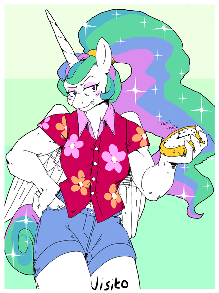 Size: 3072x4096 | Tagged: safe, artist:jisito, derpibooru import, princess celestia, alicorn, anthro, between dark and dawn, g4, season 9, spoiler:s09, blushing, breasts, clock, clothes, female, hawaiian shirt, image, png, shirt, shorts, signature, solo, sparkles, sparkly mane, sparkly tail, tail