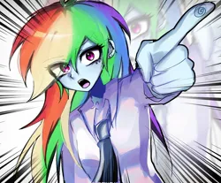 Size: 1567x1299 | Tagged: safe, artist:pulse, derpibooru import, rainbow dash, human, equestria girls, g4, clothes, ear piercing, female, fingerprint, image, jpeg, looking at you, necktie, open mouth, piercing, pointing, solo, speed lines