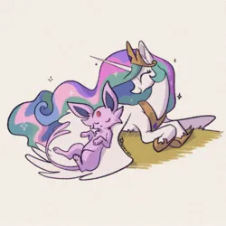 Size: 1668x1668 | Tagged: safe, artist:duvivi, derpibooru import, princess celestia, alicorn, espeon, pony, g4, crossover, crown, cute, cutelestia, duo, eyes closed, female, image, jewelry, jpeg, lying down, mare, peytral, pokémon, prone, regalia, simple background, sleeping, sleeping on wings, smiling, sparkles, white background