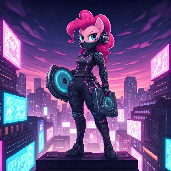 Size: 1024x1024 | Tagged: safe, ai content, generator:google imagen 3.0, machine learning generated, nightcafe ai, pinkie pie, cyberpunk, image, jpeg, music, ninja