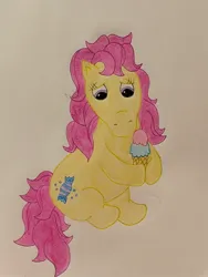 Size: 904x1200 | Tagged: safe, artist:ponytales, derpibooru import, bon bon (g1), earth pony, pony, g1, female, filly, foal, food, ice cream, ice cream cone, image, jpeg, sitting, solo, tail, traditional art