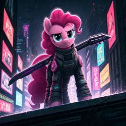 Size: 1024x1024 | Tagged: safe, ai content, generator:google imagen 3.0, machine learning generated, nightcafe ai, pinkie pie, cyberpunk, image, jpeg, music, ninja