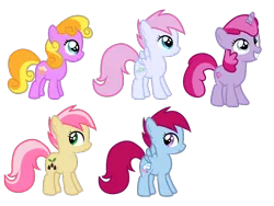 Size: 1024x768 | Tagged: safe, artist:kharmacal, derpibooru import, apple sprout, cottonbelle, lullaby moon, sunny daze, earth pony, pegasus, pony, unicorn, g4, female, filly, foal, horn, image, lily (g4), png, simple background, transparent background, two toned hair