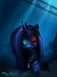 Size: 743x1007 | Tagged: safe, artist:user-fox, derpibooru import, princess luna, alicorn, pony, robot, robot pony, g4, animatronic, blue eyes, blue hair, broken, broken horn, creepy, crown, dark, dark background, dust particles, horn, image, jewelry, looking at you, open mouth, png, rays of light, red eyes, regalia, scratches, shrunken pupils, smoke, solo, spread wings, wings, wires