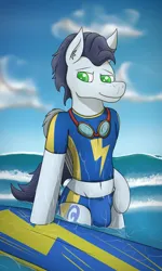 Size: 2993x4990 | Tagged: suggestive, alternate version, artist:tacomytaco, derpibooru import, soarin', pegasus, pony, semi-anthro, g4, belly, belly button, bipedal, blue swimsuit, clothes, goggles, image, looking at you, male, midriff, png, smiling, smiling at you, solo, solo male, speedo, stallion, standing, surfboard, swimsuit, water, wet, wet mane