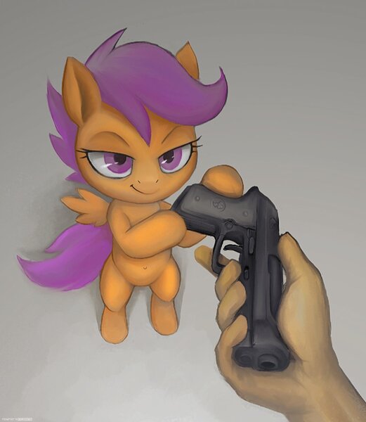 Size: 1000x1152 | Tagged: safe, artist:darkdoomer, derpibooru import, scootaloo, pegasus, pony, g4, beretta, go do a crime, gun, hand, image, jpeg, meme, ponified meme, standing, weapon