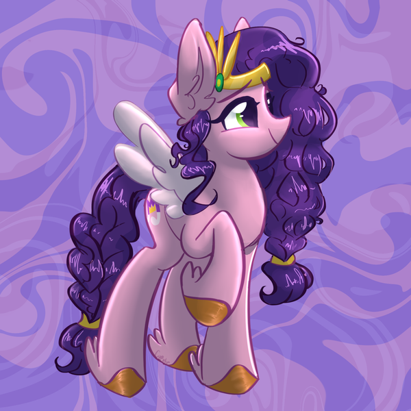 Size: 1911x1911 | Tagged: safe, artist:cupute, derpibooru import, pipp, pipp petals, pegasus, g5, abstract background, adorapipp, big ears, braid, cute, ear fluff, female, green eyes, hoof fluff, image, inspired by another artist, jewelry, looking to the left, messy mane, orange hooves, pink body, pipp is short, png, pointy nose, purple background, purple hair, regal, regalia, shiny hooves, shiny mane, shiny tail, siblings, sideways glance, simple background, sisters, smiling, solo, spread wings, swirls, tied mane, unshorn fetlocks, wings