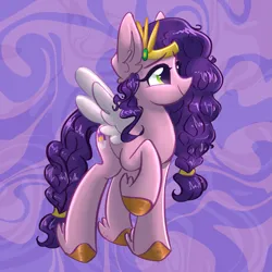 Size: 1911x1911 | Tagged: safe, artist:cupute, derpibooru import, pipp, pipp petals, pegasus, g5, abstract background, adorapipp, big ears, braid, cute, ear fluff, female, green eyes, hoof fluff, image, inspired by another artist, jewelry, looking to the left, messy mane, orange hooves, pink body, pipp is short, png, pointy nose, purple background, purple hair, regal, regalia, shiny hooves, shiny mane, shiny tail, siblings, sideways glance, simple background, sisters, smiling, solo, spread wings, swirls, tied mane, unshorn fetlocks, wings