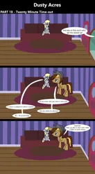 Size: 1920x3516 | Tagged: safe, artist:platinumdrop, derpibooru import, derpy hooves, oc, oc:dusty hooves, earth pony, pegasus, pony, comic:dusty acres, series:technoverse, g4, 3 panel comic, comic, commission, couch, crying, dialogue, door, female, filly, foal, image, male, patting, png, sad, sitting, smiling, speech bubble, stallion, stern, wiping tears, younger