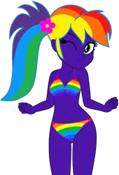 Size: 1273x1874 | Tagged: safe, artist:star-armour95, artist:yaya54320bases, derpibooru import, oc, oc:rainbow flower, unofficial characters only, human, equestria girls, g4, belly, belly button, bikini, clothes, female, flower, flower in hair, image, midriff, multicolored hair, png, purple skin, rainbow bikini, rainbow hair, rainbow swimsuit, simple background, solo, solo female, swimsuit, transparent background