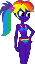 Size: 1115x2022 | Tagged: safe, artist:star-armour95, derpibooru import, oc, oc:rainbow flower, unofficial characters only, human, equestria girls, g4, belly, belly button, bikini, clothes, female, flower, flower in hair, image, multicolored hair, png, purple skin, rainbow bikini, rainbow hair, rainbow swimsuit, side-tie bikini, simple background, solo, solo female, swimsuit, transparent background