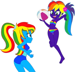 Size: 1937x1862 | Tagged: safe, artist:star-armour95, artist:yaya54320bases, derpibooru import, oc, oc:rainbow flower, oc:royal strength, unofficial characters only, human, equestria girls, g4, base used, beach ball, belly, belly button, bikini, blue skin, clothes, duo, duo female, feet, female, flower, flower in hair, image, jumping, legs, midriff, multicolored hair, not rainbow dash, one-piece swimsuit, png, ponytail, purple skin, rainbow bikini, rainbow hair, rainbow swimsuit, simple background, sports, swimsuit, transparent background, volleyball