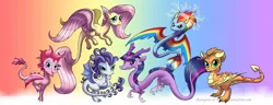 Size: 1800x688 | Tagged: safe, artist:champion-of-namira, ponerpics import, applejack, fluttershy, pinkie pie, rainbow dash, rarity, twilight sparkle, dragon, eastern dragon, wyvern, abstract background, dragonified, fangs, image, mane six, png, signature, species swap