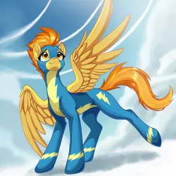 Size: 2816x2816 | Tagged: safe, artist:sierraex, derpibooru import, spitfire, pegasus, pony, g4, clothes, cloud, crying, female, image, mare, on a cloud, outdoors, png, raised leg, sky, solo, spread wings, standing on a cloud, tail, uniform, wings, wonderbolts uniform