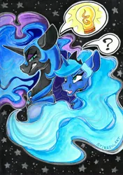 Size: 2453x3481 | Tagged: safe, artist:stirren, derpibooru import, nightmare moon, princess luna, alicorn, pony, g4, bust, image, jpeg, looking at each other, looking at someone, open mouth, portrait, speech bubble, starry night, stars, traditional art