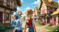 Size: 2688x1472 | Tagged: suggestive, ai content, generator:sexy.ai, machine learning generated, prompter:didge, applejack, rainbow dash, anthro, earth pony, pegasus, g4, apple, appledash, applejack's hat, blushing, building, cloud, cowboy hat, female, fence, food, hat, image, jpeg, lesbian, path, pegasus wings, shipping, walking, winged anthro, wings