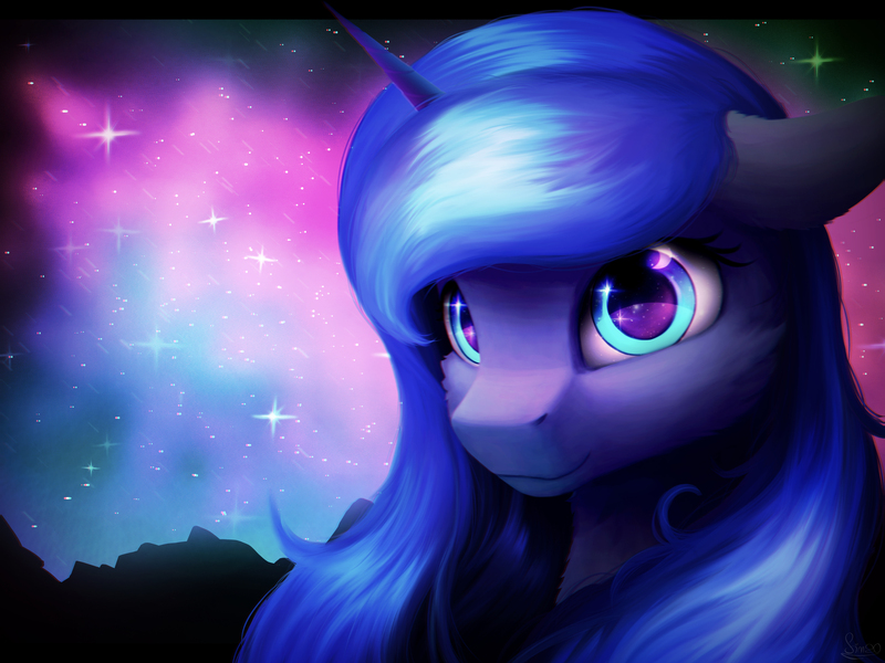 Size: 4000x3000 | Tagged: safe, artist:itssim, derpibooru import, princess luna, alicorn, pony, g4, bust, eye reflection, female, floppy ears, horn, image, jpeg, light, looking at you, mare, night, portrait, reflection, smiling, smiling at you, solo, sparkles, stars, three quarter view