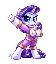 Size: 2000x2300 | Tagged: safe, artist:whitediamonds, derpibooru import, rarity, pony, unicorn, g4, bedroom eyes, bipedal, chouriki sentai ohranger, clothes, crossover, eyeshadow, female, horn, image, looking at you, makeup, mare, png, power rangers, power rangers zeo, purple ranger, smiling, smiling at you, solo, super sentai