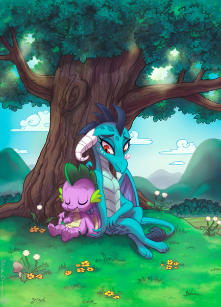 Size: 2600x3600 | Tagged: safe, artist:whitediamonds, derpibooru import, part of a set, princess ember, spike, dragon, g4, commission, dandelion, dragoness, duo, eyes closed, female, grass, holding hands, image, looking at someone, male, mushroom, outdoors, png, ship:emberspike, shipping, sitting, smiling, straight, tree, under the tree