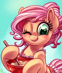 Size: 1800x2100 | Tagged: safe, artist:whitediamonds, derpibooru import, oc, oc:claire, unofficial characters only, earth pony, pony, apron, batter, bowl, clothes, female, food, freckles, image, looking at you, mare, mixing bowl, one eye closed, png, smiling, smiling at you, solo, wink, winking at you