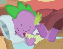 Size: 3518x2708 | Tagged: safe, artist:porygon2z, derpibooru import, spike, g4, cute, eyes closed, feet, feet up, foot focus, golden oaks library, image, library, pillow, png, sleeping, sleepy, snoring, solo, spikabetes, spike's bed