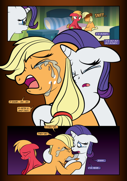 Size: 1920x2715 | Tagged: safe, artist:alexdti, derpibooru import, applejack, big macintosh, rarity, pony, comic:how we met, g4, bed, colt big macintosh, crying, depressed, depressing, depression, female, filly, filly applejack, filly rarity, image, male, png, tears of pain, younger