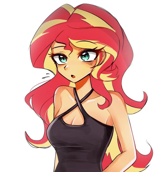 Size: 1235x1280 | Tagged: safe, artist:pulse, derpibooru import, sunset shimmer, human, equestria girls, g4, blue eyes, boob window, breasts, cleavage, clothes, collarbone, dress, female, image, jpeg, long hair, open mouth, simple background, sleeveless, sleeveless dress, slender, solo, solo female, thin, two toned hair