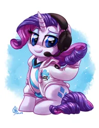 Size: 1583x2048 | Tagged: safe, artist:whitediamonds, derpibooru import, rarity, pony, unicorn, g4, clothes, cloud9, commission, esports, eyeshadow, female, headphones, headset, hoodie, horn, image, league of legends, lidded eyes, looking at you, makeup, mare, png, shirt, sitting, smiling, smiling at you, solo