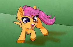 Size: 1333x866 | Tagged: safe, artist:scandianon, derpibooru import, scootaloo, butterfly, insect, pegasus, pony, g4, butterfly on nose, female, filly, foal, happy, image, insect on nose, outdoors, png, running, smiling, spread wings, wings