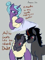 Size: 1620x2160 | Tagged: safe, artist:amanecerlobo, derpibooru import, idw, king sombra, radiant hope, pony, unicorn, g4, baby, female, horn, image, jpeg, male, meme, nine months in my womb making me suffer, ship:hopebra, shipping, straight