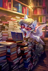 Size: 1800x2666 | Tagged: dead source, safe, artist:holivi, derpibooru import, twilight sparkle, oc, unofficial characters only, pegasus, pony, g4, book, bookshelf, cute, female, glasses, image, jpeg, lying down, mare, meganekko, prone, reading, smiling, solo, that pony sure does love books