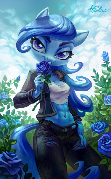 Size: 1771x2834 | Tagged: dead source, safe, artist:holivi, derpibooru import, oc, oc:raylanda, unofficial characters only, anthro, g4, abs, anthro oc, blue rose, clothes, commission, denim, female, flower, image, jacket, jeans, jpeg, looking at you, midriff, pants, ripped pants, rose, scenery, signature, torn clothes