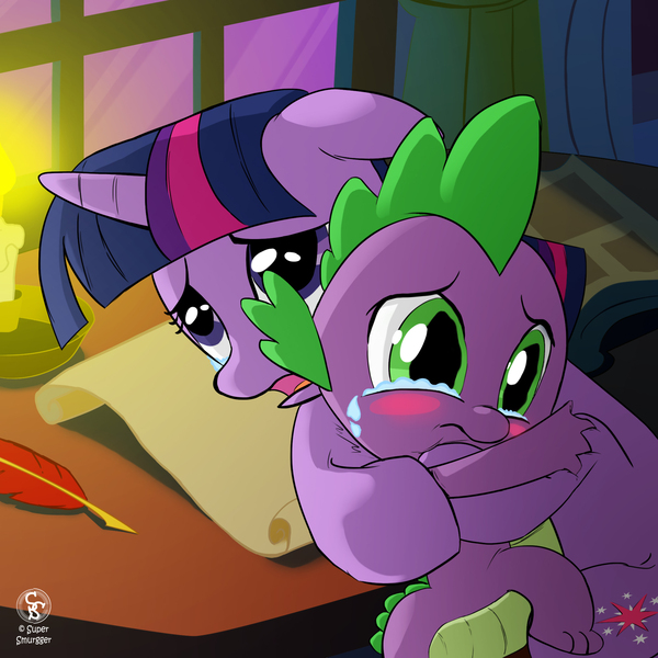 Size: 2000x2000 | Tagged: safe, artist:supersmurgger, derpibooru import, spike, twilight sparkle, dragon, pony, unicorn, g4, affection, candle, crying, cute, desk, duo, duo male and female, female, floppy ears, friend, guilty, high res, horn, hug, image, indoors, jpeg, love, male, mama twilight, mare, mother and child, mother and son, quill, reconciliation, scroll, unicorn twilight, wingless spike