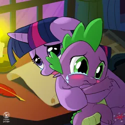 Size: 2000x2000 | Tagged: safe, derpibooru import, spike, twilight sparkle, dragon, unicorn, g4, affection, female, friend, guilty, horn, hug, image, jpeg, love, male, mother and child, mother and son, reconciliation