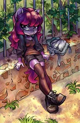 Size: 1653x2522 | Tagged: dead source, safe, artist:holivi, derpibooru import, oc, oc:share dast, unofficial characters only, anthro, plantigrade anthro, g4, backpack, boots, breasts, clothes, crossed legs, fence, gift art, image, jpeg, leg focus, legs, looking at you, shoes, shorts, sitting, socks, solo, thigh highs