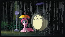 Size: 1001x569 | Tagged: safe, derpibooru import, edit, edited screencap, screencap, pinkie pie, earth pony, g4, hat, image, my neighbor totoro, png, rain, totoro, umbrella, umbrella hat