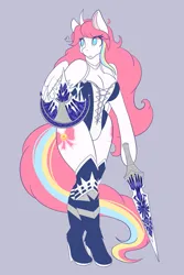 Size: 1365x2048 | Tagged: safe, artist:mscolorsplash, derpibooru import, oc, oc:nekonin, alicorn, arm hooves, armor, boots, breasts, busty boy, clothes, crossover, femboy, high heel boots, high heels, image, intersex, jpeg, leotard, male, monster hunter, monster hunter world, shield, shoes, sword, weapon