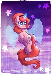 Size: 2100x3000 | Tagged: safe, artist:simpledoggo, derpibooru import, oc, oc:dazha, unofficial characters only, pony, unicorn, g4, artificial wings, augmented, blue eyes, cute, draw this in your style, female, female oc, flying, glow, glowing horn, hairband, horn, image, in the sky, jpeg, long tail, magic, magic aura, magic wings, mare, mare oc, night, night sky, ocbetes, orange hair, orange mane, orange tail, passepartout, pony oc, sky, smiling, solo, stars, tail, transparent wings, unicorn oc, wings