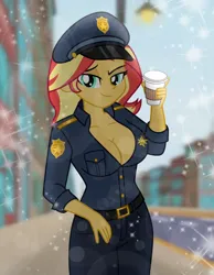 Size: 5500x7104 | Tagged: safe, artist:emeraldblast63, derpibooru import, sunset shimmer, human, equestria girls, g4, breasts, cleavage, clothes, coffee, image, lens flare, looking at you, png, police uniform, smiling, solo