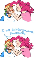 Size: 420x700 | Tagged: artist needed, source needed, safe, derpibooru import, pinkie pie, rainbow dash, human, g4, blushing, female, females only, humanized, image, implied lesbian, png, speech bubble