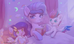 Size: 2416x1460 | Tagged: safe, artist:anku, derpibooru import, pipp petals, queen haven, zipp storm, pegasus, pony, g5, bedroom, book, female, filly, filly pipp petals, filly zipp storm, foal, image, mare, png, simple background, toy, younger