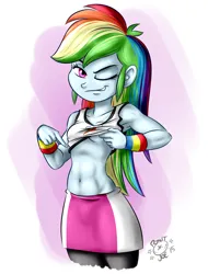 Size: 1784x2344 | Tagged: suggestive, artist:ponut_joe, derpibooru import, rainbow dash, equestria girls, g4, abs, armpits, arms, belly, belly button, breasts, bust, clothes, collar, delicious flat chest, female, finger, grin, hair, image, looking at you, muscles, one eye closed, png, pointing, rainbow flat, rainbuff dash, shirt, shirt lift, showing off, skirt, sleeveless, small breasts, smiling, smirk, solo, solo female, teenager, teeth, underboob, wink, wristband