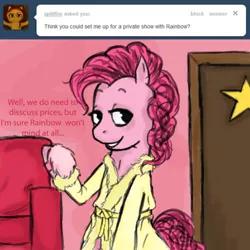 Size: 500x499 | Tagged: source needed, safe, artist:crookedtrees, derpibooru import, pinkie pie, earth pony, pony, g4, ask, bipedal, clothes, female, image, implied rainbow dash, jpeg, lidded eyes, mare, no iris, robe, tumblr