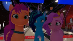 Size: 1920x1080 | Tagged: safe, derpibooru import, pipp petals, sunny starscout, earth pony, pegasus, pony, unicorn, g5, 3d, bowling, bowling alley, female, horn, image, jpeg, looking at you, mare, misty brightdawn, trio, trio female, vrchat