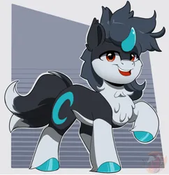 Size: 1934x2000 | Tagged: safe, artist:joaothejohn, derpibooru import, oc, ponified, pony, unicorn, chest fluff, commission, curved horn, cute, double tail, fursona, horn, image, jpeg, looking at you, male, multiple tails, raised hoof, simple background, smiling, stallion, tail, unicorn oc