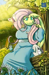 Size: 2062x3186 | Tagged: safe, artist:kaijucon, derpibooru import, fluttershy, anthro, bird, butterfly, insect, pegasus, rabbit, squirrel, g4, animal, female, floppy ears, high res, image, nature, outdoors, png, sitting, solo, tree