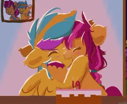 Size: 738x605 | Tagged: safe, artist:skylinepony_, derpibooru import, sunny starscout, oc, oc:everydaydashie, earth pony, pegasus, pony, g5, birthday, blushing, cake, canon x oc, duo, female, food, french kiss, image, indoors, jpeg, kiss on the lips, kissing, mare, painting, shipping